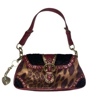Nine West Leopard Print Mini Shoulder Bag Y2K Style Red Trim & Gold Hardware